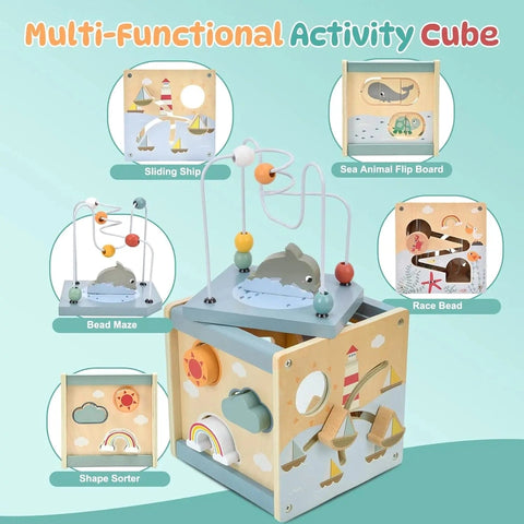 5-in-1 Wooden Montessori Activity Cube for Toddlers Teeny Pandas