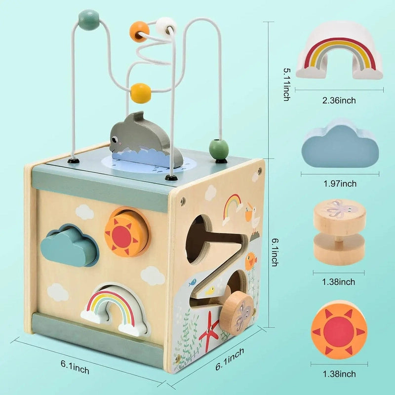 5-in-1 Wooden Montessori Activity Cube for Toddlers Teeny Pandas