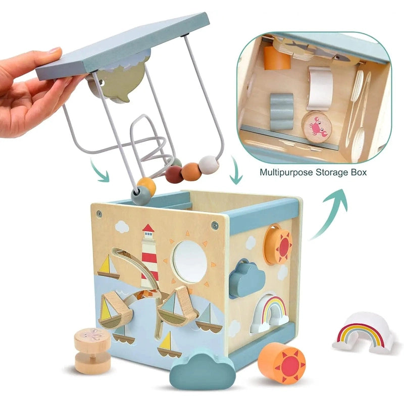 5-in-1 Wooden Montessori Activity Cube for Toddlers Teeny Pandas