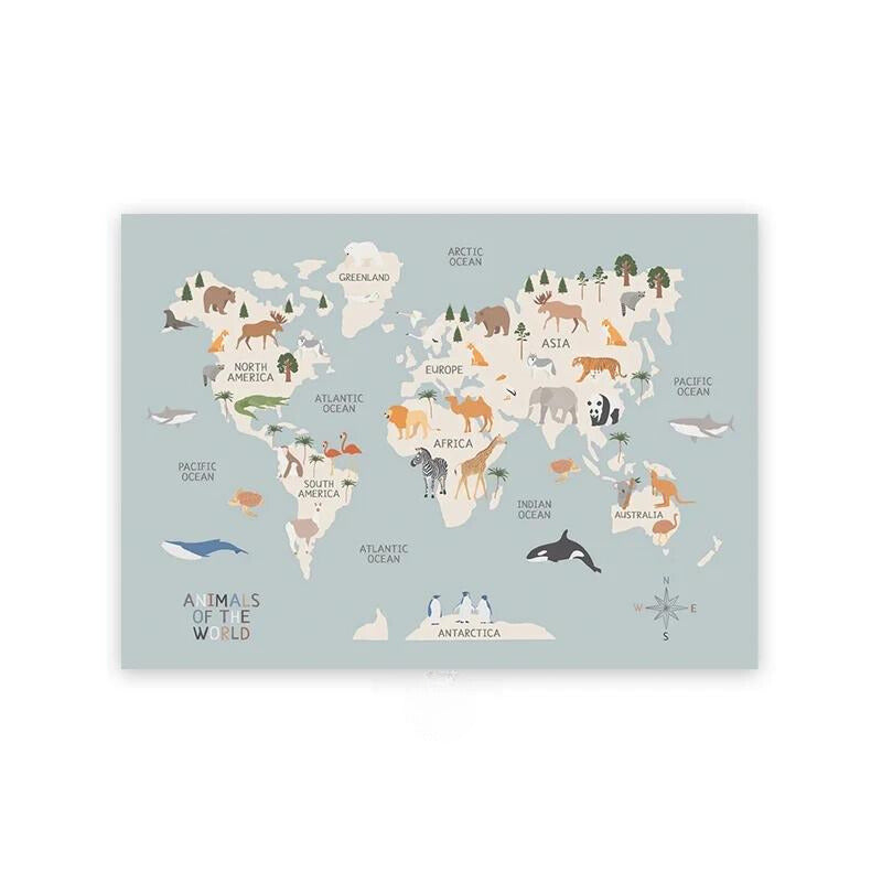 Animal World Map Canvas for Kids’ Rooms Teeny Pandas