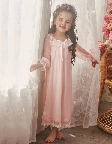 Girl's Lolita Voile Princess Sleepshirt – Lace Long Sleeve Nightgown