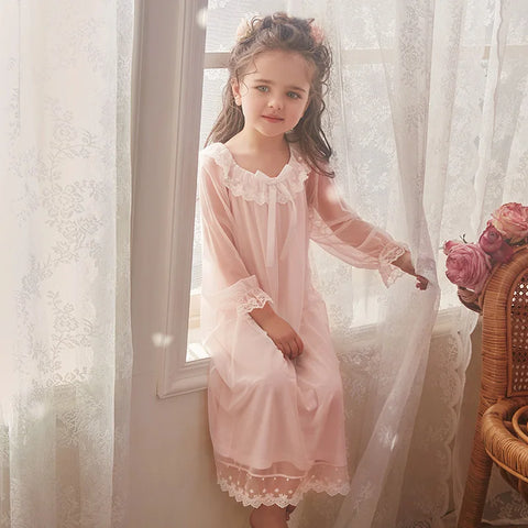 Girl's Lolita Voile Princess Sleepshirt – Lace Long Sleeve Nightgown