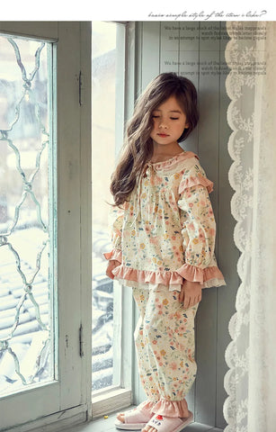 Girl’s Vintage Lolita Cotton Floral Pyjama Set for Kids