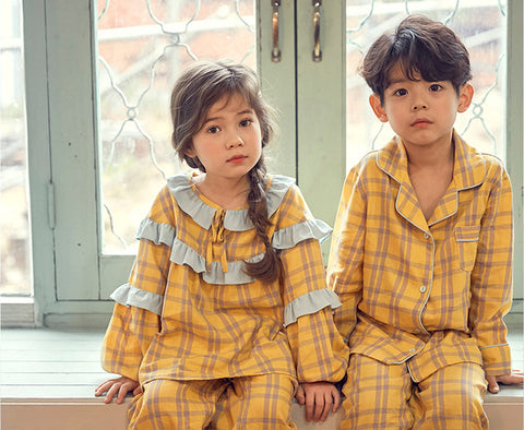 Cute Kid’s Cotton Long Sleeve Yellow Plaid Pajama Set – Sweet Sleepwear for Boys and Girls