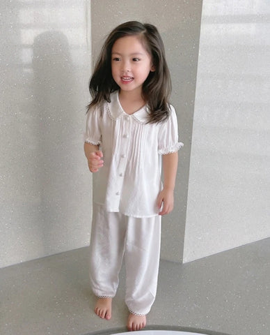 Girl's Turndown Collar Pajama Set – Summer Pleated Sleepwear