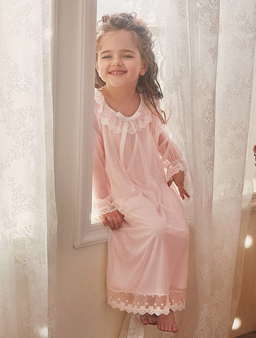 Girl's Lolita Voile Princess Sleepshirt – Lace Long Sleeve Nightgown