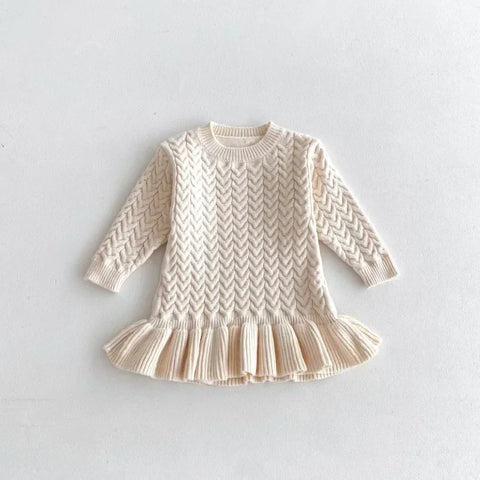 Girls O-Collar Knitted Solid Dress – Ruffle Knitwear Dress