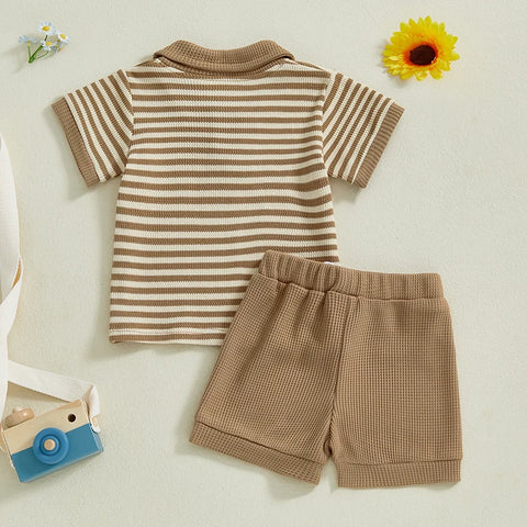 Baby Boys Summer Outfit – Striped Lapel T-Shirt & Drawstring Shorts Set