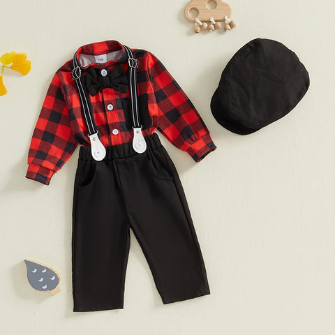 Toddler Baby Boy Outfit – Plaid Romper with Overall Pants and Hat