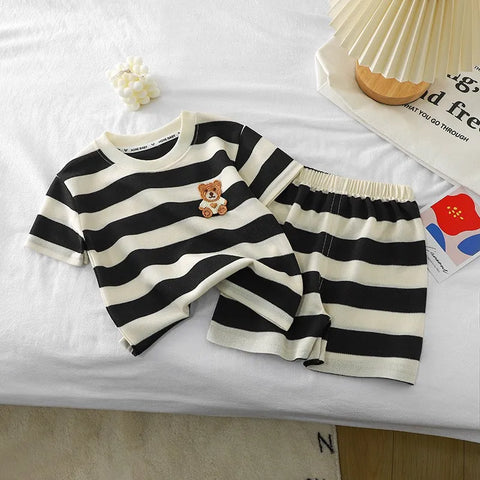 Korean Style Striped Bear Short Sleeve Set – Kids Summer 2-Piece Set