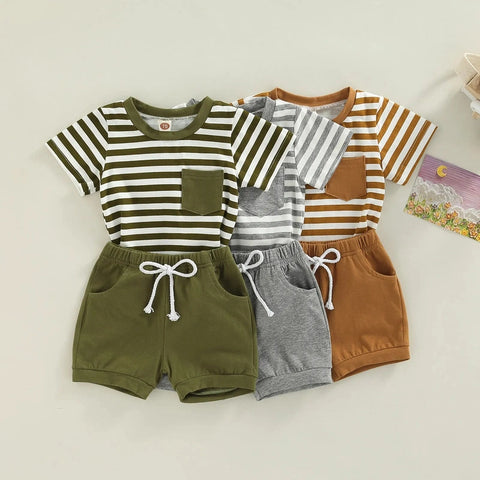 Baby Boys Casual Clothing Set – Stripes T-shirt + Elastic Waist Shorts