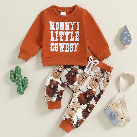 Toddler Boys Fall Outfits – Letter Print Sweatshirt & Western Cow Print Pants Set