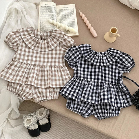 Summer Baby Girls Clothing Set - Short-Sleeved Cotton Lattice Shirt + Shorts