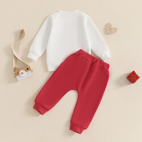 Toddler Boys Valentine's Day Outfits – Heart Print Crew Neck Long Sleeve Sweatshirt & Long Pants 2 Pcs Clothes Set