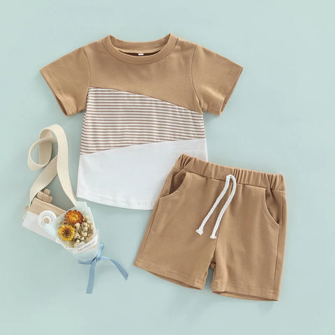 2PCS Summer Pants Suit – Stripe Patchwork Crew Tee & Short