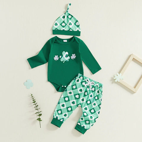 Baby Boys Ireland Outfits – Clover Embroidery Round Neck Long Sleeve Rompers, Long Pants & Hat 3Pcs Clothes Set