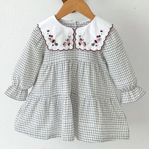 Girls Spring Dress - Kids Cute Floral Embroidery Plaid Dress