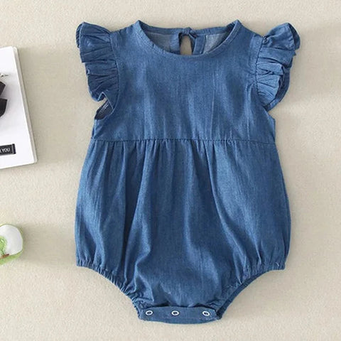 Girls and Boys Romper – Solid Denim Short-Sleeved Jumpsuit for Infants and Toddler