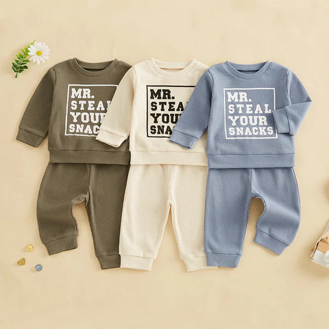 Spring Autumn Baby Boy Waffled Clothes – Letter Print Sweatshirt & Pants Set