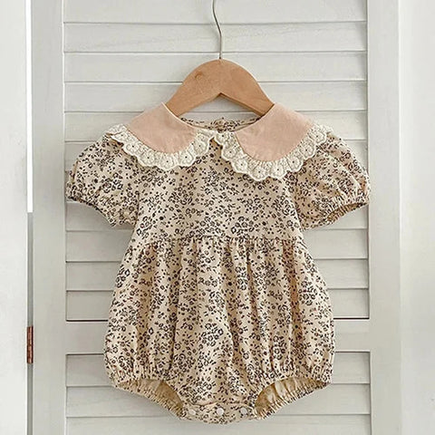 Girls Bodysuits Short Sleeved Cotton - Print Lace Splicing Jumpsuit