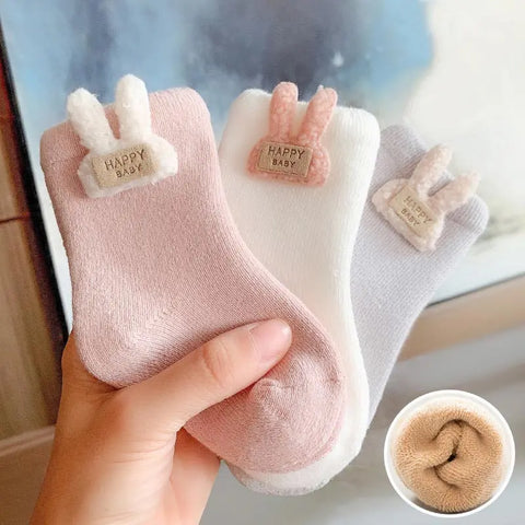 Three Pairs Warm Winter Baby Socks - With Cute Cartoon Design