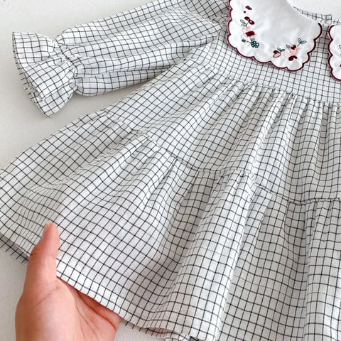 Girls Spring Dress - Kids Cute Floral Embroidery Plaid Dress