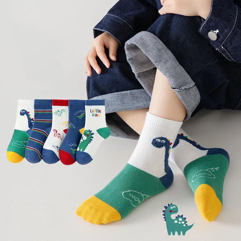 Five Pairs Dinosaur Cartoon Kids Socks