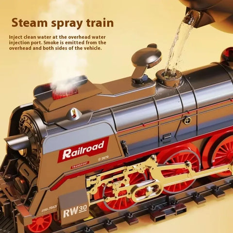 Retro Steam Train Track Toy Set – Electric Train with Spray & Lights, Christmas Gift for Kids