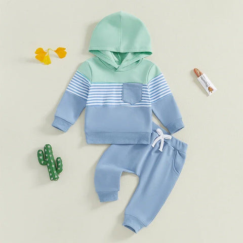 Casual Baby Boys Autumn Clothes – Long Sleeve Stripes Print Hoodie Sweatshirt & Elastic Waist Pants Tracksuit