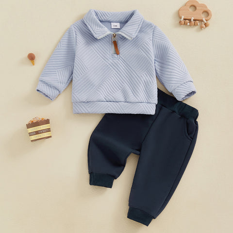 Boy Autumn Outfit – Casual Long Sleeve Lapel Half Zip Pullover & Solid Color Pants Set