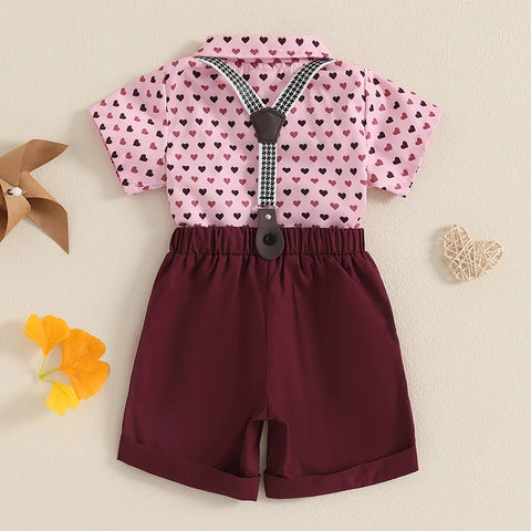 Summer Toddler Baby Boys Clothes Set – Heart Print Shirt & Suspender Shorts