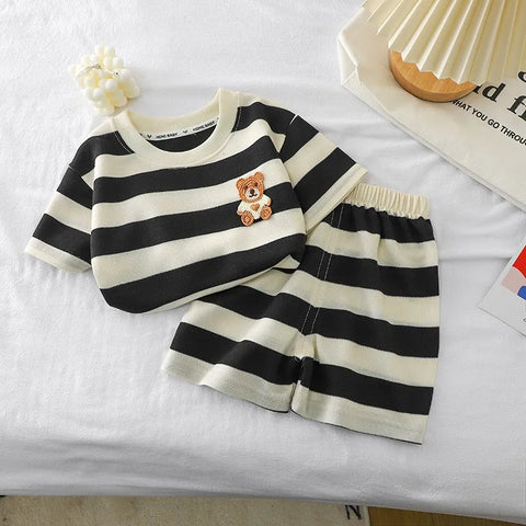 Korean Style Striped Bear Short Sleeve Set – Kids Summer 2-Piece Set