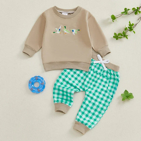 Autumn Baby Clothes Set – Duck Print Long Sleeve Pullover Sweatshirt & Elastic Waist Pants