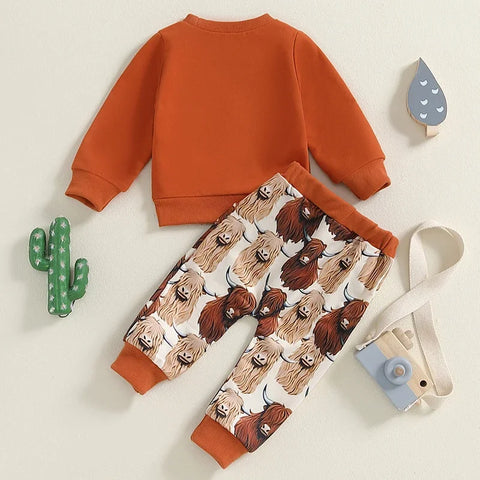 Toddler Boys Fall Outfits – Letter Print Sweatshirt & Western Cow Print Pants Set