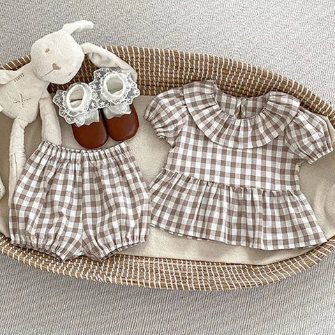 Summer Baby Girls Clothing Set - Short-Sleeved Cotton Lattice Shirt + Shorts