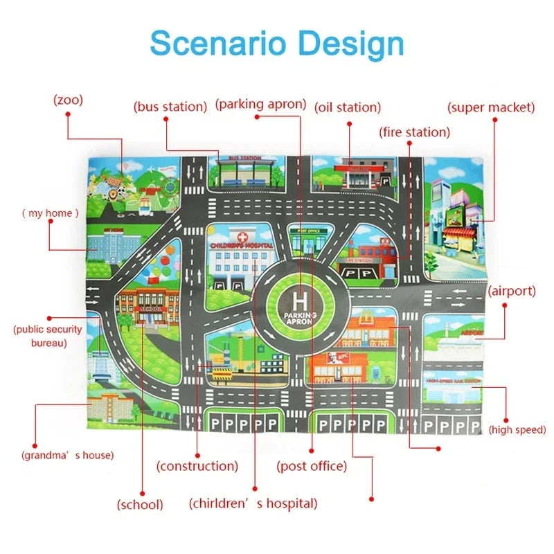 Traffic Playmat with Roads, Parking, and Cityscape Design for Kids Teeny Pandas