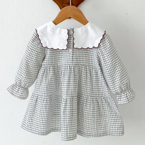 Girls Spring Dress - Kids Cute Floral Embroidery Plaid Dress