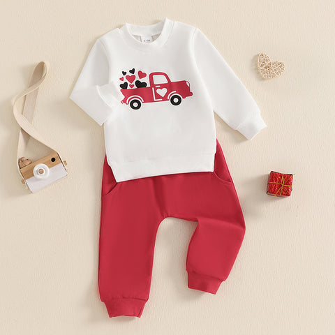 Toddler Boys Valentine's Day Outfits – Heart Print Crew Neck Long Sleeve Sweatshirt & Long Pants 2 Pcs Clothes Set