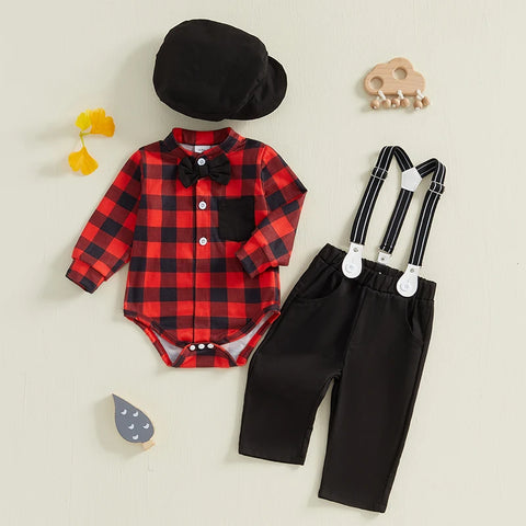 Toddler Baby Boy Outfit – Plaid Romper with Overall Pants and Hat