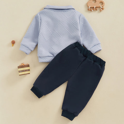 Boy Autumn Outfit – Casual Long Sleeve Lapel Half Zip Pullover & Solid Color Pants Set