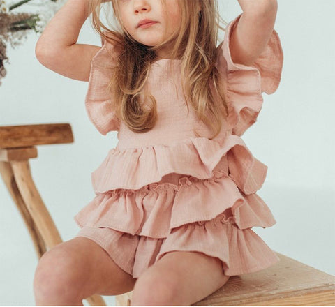 Baby Girl Cotton Criss-Cross Romper – Vintage Ruffled Princess Bodysuit