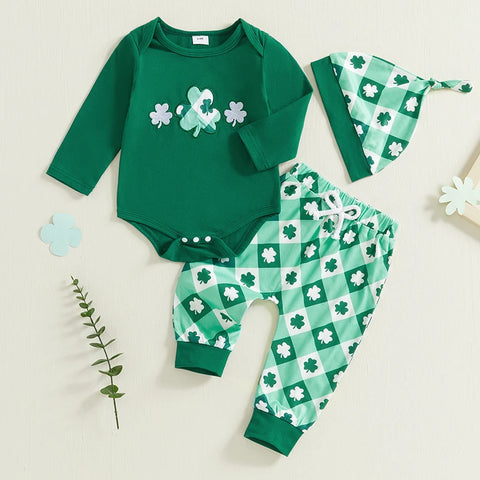 Baby Boys Ireland Outfits – Clover Embroidery Round Neck Long Sleeve Rompers, Long Pants & Hat 3Pcs Clothes Set