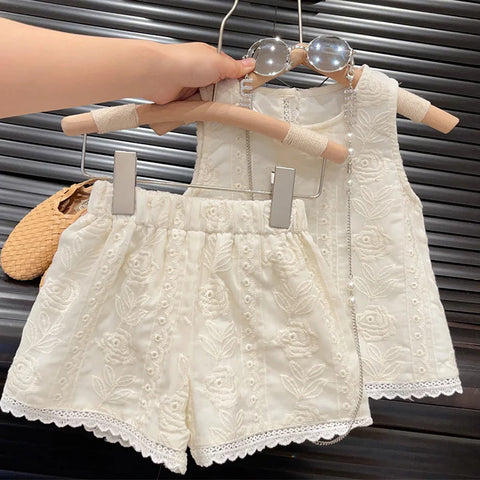 Sleeveless Cotton Embroidered Vest and Shorts Set for Girls