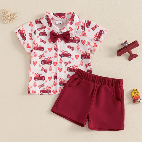 Toddler Baby Boys Valentine's Day Clothes Set – Heart Truck Shirt & Red Shorts