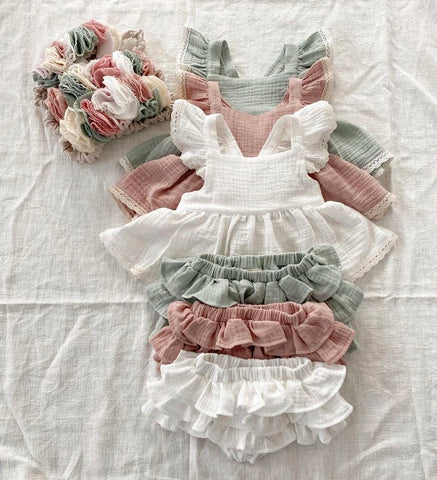 Vintage Sleeveless Criss-Cross Dress with Ruffles & Lace Shorts – Toddler Princess Dress