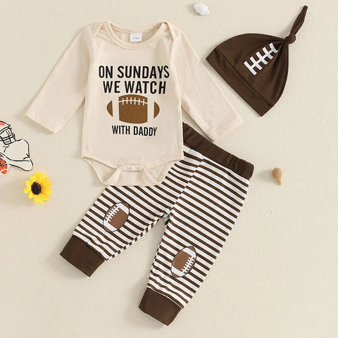 Newborn Infant Baby Boy Clothes Set – Rugby Print Romper, Pants, and Hat Outfit