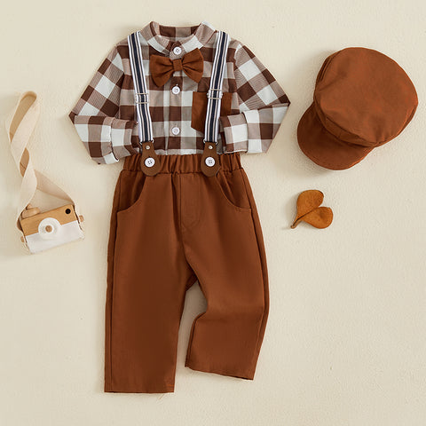 Toddler Baby Boy Outfit – Plaid Romper with Overall Pants and Hat