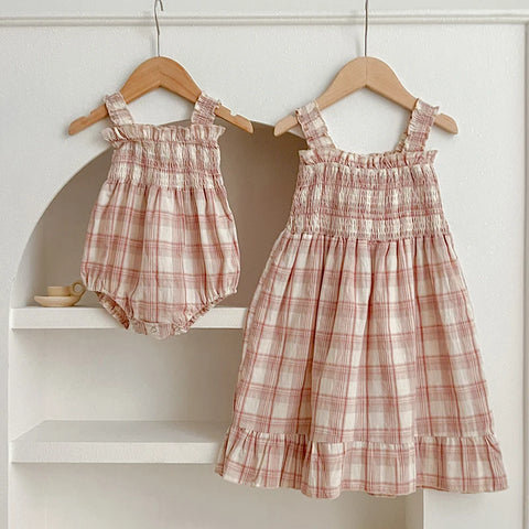 Girls Party Dress and Romper – Cotton Plaid Dress for Kids