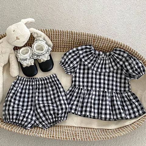 Summer Baby Girls Clothing Set - Short-Sleeved Cotton Lattice Shirt + Shorts