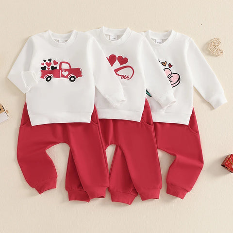 Toddler Boys Valentine's Day Outfits – Heart Print Crew Neck Long Sleeve Sweatshirt & Long Pants 2 Pcs Clothes Set